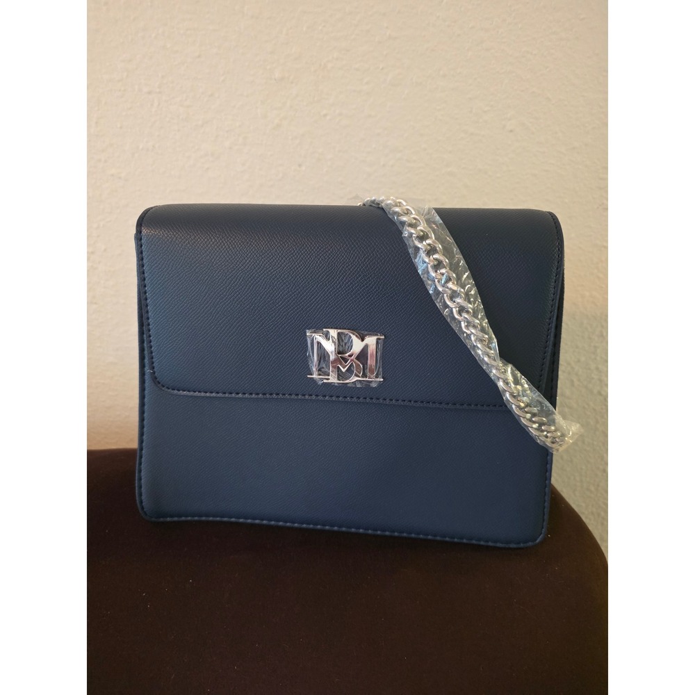 Badgley Mischka Navy Blue Saffiano Crossbody Bag Silver Chain Strap BM Logo NEW